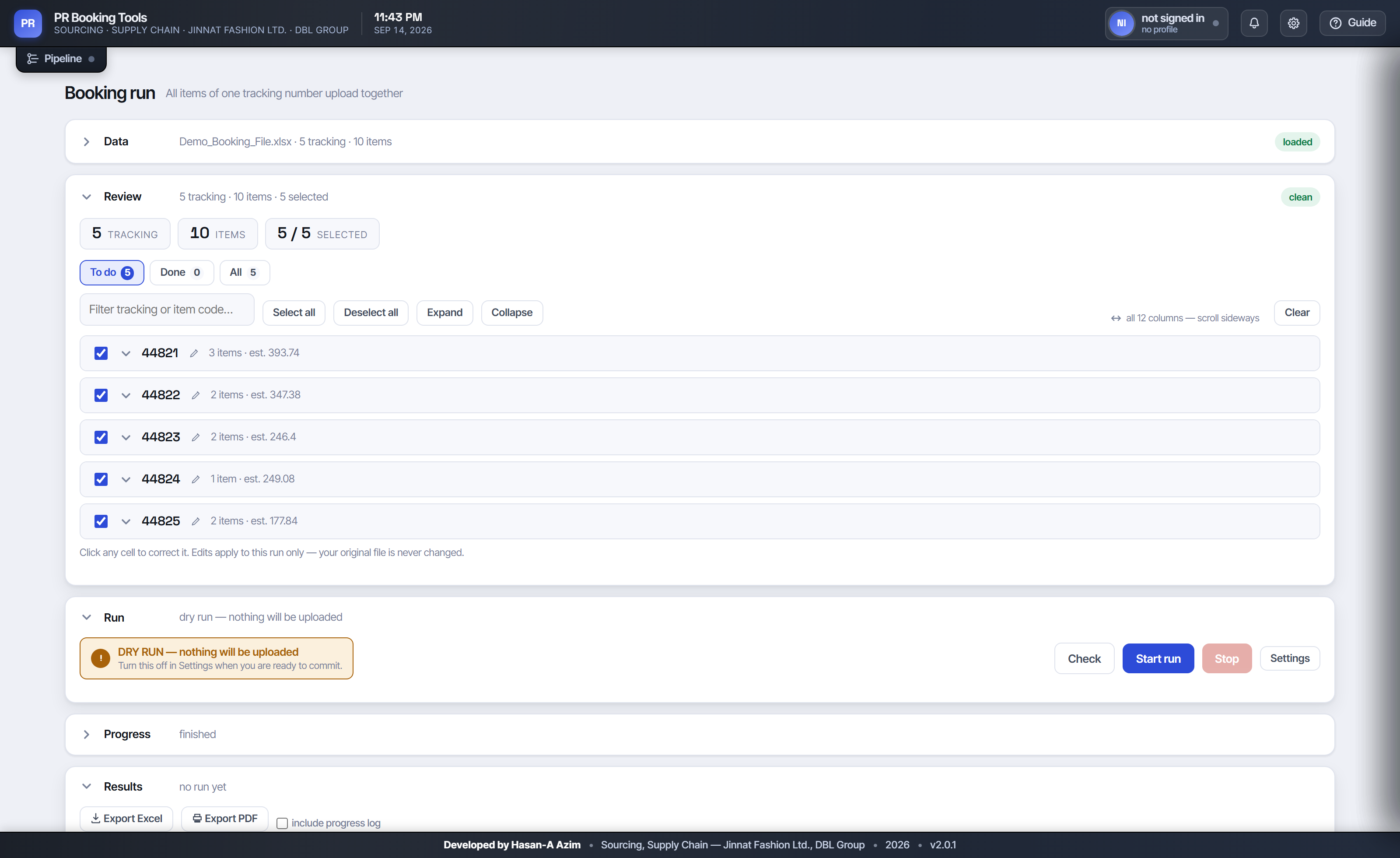 The PR Booking dashboard, running locally