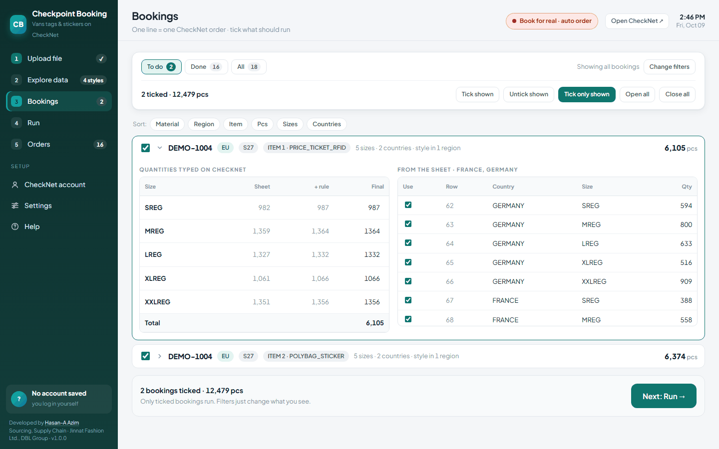 A booking opened to show its size quantities and the sheet rows behind them