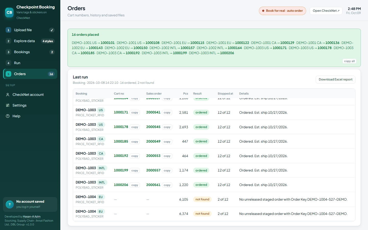 The Orders page: cart numbers for every order, and the skipped bookings